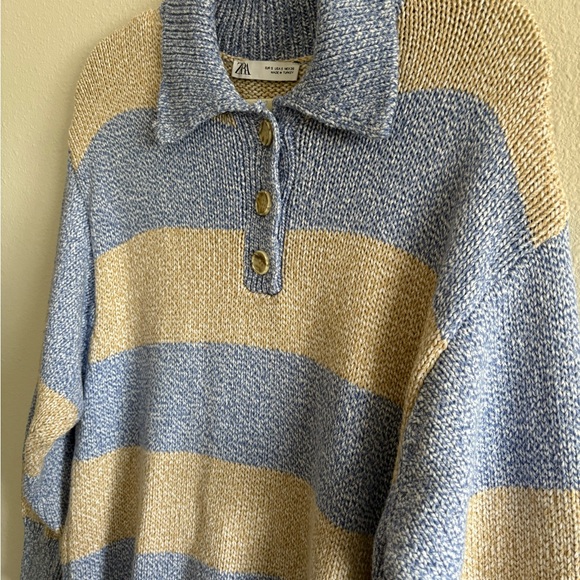 ZARA Knit Collared Sweater Jumper Women’s Small Oversized Cream/Blue Stripe - Picture 4 of 10